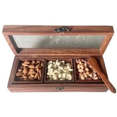 Acewood Dry Fruit serving box, spice box,dates serving tray, nuts box, dry fruit tray, Dry Fruit gift box, Dry Fruit Containers, Diwali gift, Jewelry Box, Multi Utility Storage Container with Spoon 