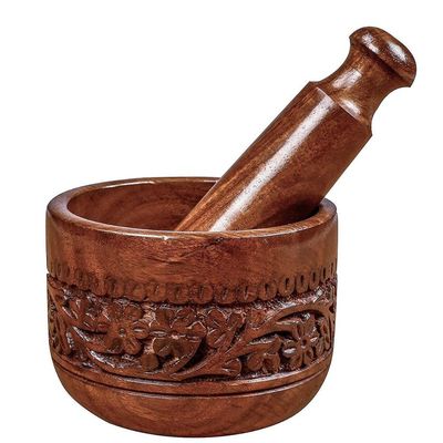 Acewood Engraved Mortar and Pestle Grinder Set for Kitchen/Spice & Herbs Crusher Bowl/Handmade Sheesham Wood Manual Kharal Smasher, 