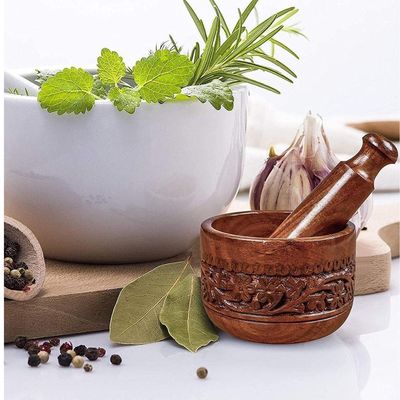 Acewood Engraved Mortar and Pestle Grinder Set for Kitchen/Spice & Herbs Crusher Bowl/Handmade Sheesham Wood Manual Kharal Smasher, 