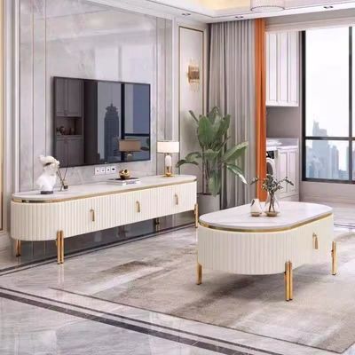 TV Coffee Tables Set - Marble Top - Golden Legs 200cm -White