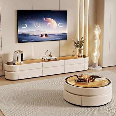 TV Coffee Tables Set - Glass Top - LED lights - TV Table 200cm Coffee Table 70cm - White