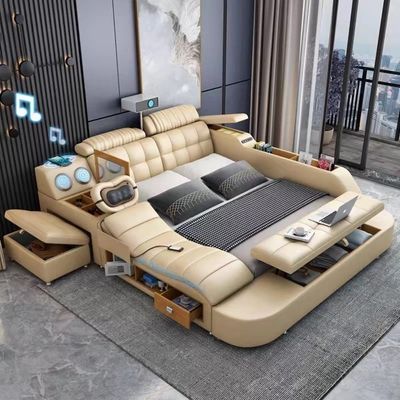 Smart Bed with Projector Wireless Charging Bluetooth Speaker Seat and Small Dressing Table Safe and Side Cabinet Plus Back and Neck Massager + King Size 180*200cm -Beige