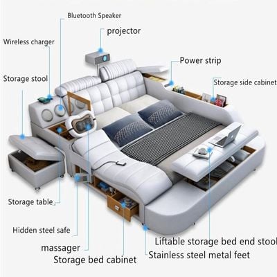 Smart Bed with Projector Wireless Charging Bluetooth Speaker Seat and Small Dressing Table Safe and Side Cabinet Plus Back and Neck Massager + King Size 180*200cm -White