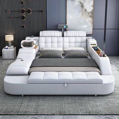 Smart Bed with Projector Wireless Charging Bluetooth Speaker Seat and Small Dressing Table Safe and Side Cabinet Plus Back and Neck Massager + King Size 180*200cm -White