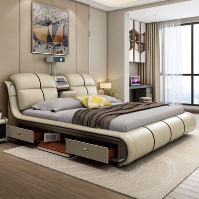 Smart Bed with Projector Wireless Charging Bluetooth Speaker Seat King Size 180*200cm -Beige