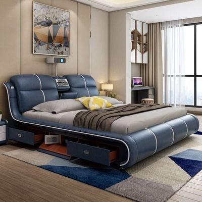 Smart Bed with Projector Wireless Charging Bluetooth Speaker Seat King Size 180*200cm -Blue