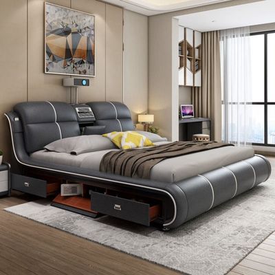 Smart Bed with Projector Wireless Charging Bluetooth Speaker Seat King Size 180*200cm -Black