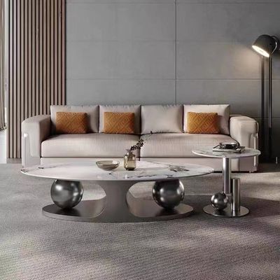 Living room Coffee Table - Oval Slate Marble Top - Modern Style -Shiny 120cm - Silver