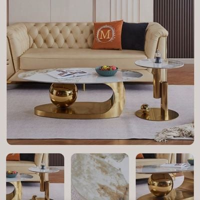 Living room Coffee Table - Oval Slate Marble Top - Modern Style -Shiny 120cm - Gold