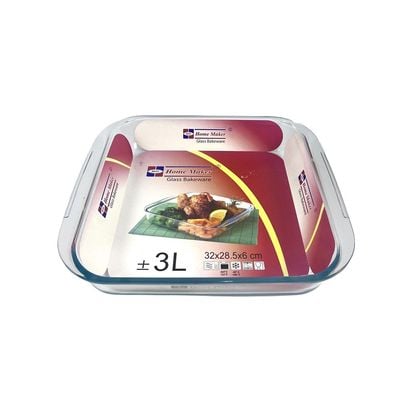 Square Glass Baking Dish, 3 lt Capacity, 32x28.5 cm Diameter, 6 cm Height, Clear