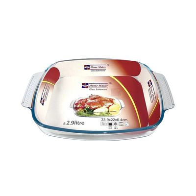 Curve Rectangular Deep Glass Baking Dish, 2.9 lt Capacity, 33.9x22 cm Diameter, 6.4 cm Height, Clear