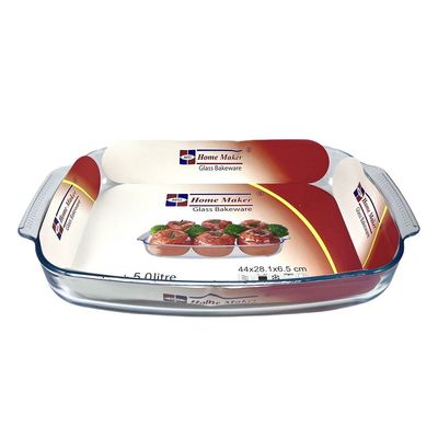 Home Maker Curve Rectangular Deep Glass Baking Dish, 5 lt Capacity, 44x28.1 cm Diameter, 6.5 cm Height, Clear