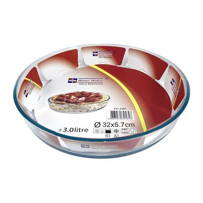 Home Maker Round Glass Baking Dish, 3 lt capacity, 32 cm Diameter, 5.7 cm Height