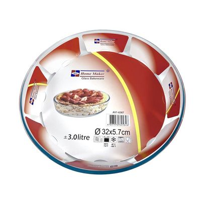 Round Glass Baking Dish, 3 lt capacity, 32 cm Diameter, 5.7 cm Height