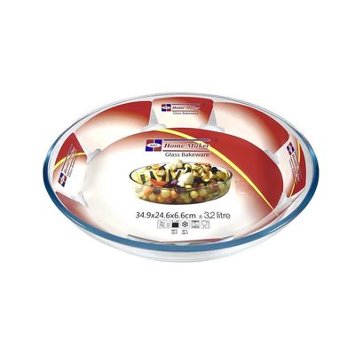 Oval Glass Baking Dish, 3.2 lt Capacity, 34.9x24.6 cm Diameter, 6.6 cm Height, Clear