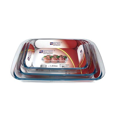 3-Piece Rectangular Glass Baking Dish Set, 2.9 lt + 2.2 lt + 1.6 lt Capacity, Clear