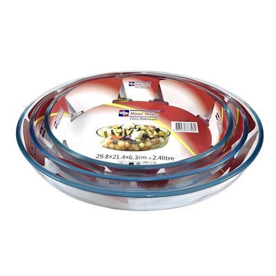 Home Maker 3-Piece Oval Glass Baking Dish Set, 4 lt + 3.2 lt + 2.4 lt Capacity, Clear