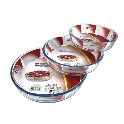 3-Piece ROund Glass Baking Dish Set, 3 lt + 2.1 lt + 1.5 lt Capacity, Clear