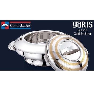 Yaris Hotpot 1500ml Capacity - Unique Locking Lid - High Quality Stainless Steel - Gold Etching & Silver 