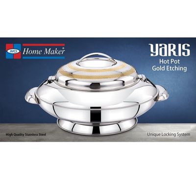 Yaris Hotpot 1500ml Capacity - Unique Locking Lid - High Quality Stainless Steel - Gold Etching & Silver 