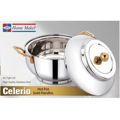 Celerio Hotpot 1500ml Capacity - Air Tight Lid - High Quality Stainless Steel - Gold Lids & Silver 