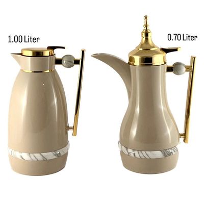 2-Piece Tea & Coffee Flask - 0.7 Liter & 1 Liter Capacity - Glass Inner - ABS Body - Light Coffee & Gold