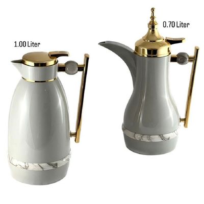 2-Piece Tea & Coffee Flask - 0.7 Liter & 1 Liter Capacity - Glass Inner - ABS Body - Light Grey & Gold