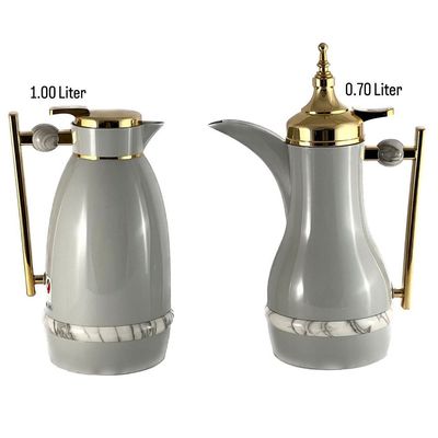 2-Piece Tea & Coffee Flask - 0.7 Liter & 1 Liter Capacity - Glass Inner - ABS Body - Light Grey & Gold