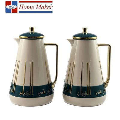 2-Piece Tea & Coffee Flask - 1 Liter & 1 Liter Capacity - Glass Inner - ABS Body - White & Petrol Green & Gold