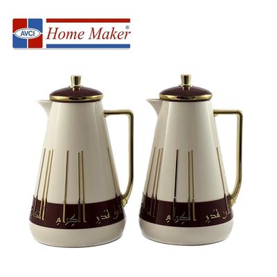 2-Piece Tea & Coffee Flask - 1 Liter & 1 Liter Capacity - Glass Inner - ABS Body - White & Burgundy & Gold