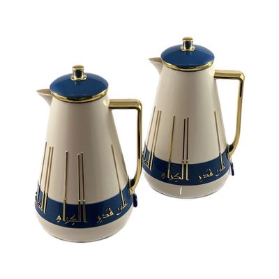 2-Piece Tea & Coffee Flask - 1 Liter & 1 Liter Capacity - Glass Inner - ABS Body - White & Blue & Gold