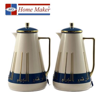 2-Piece Tea & Coffee Flask - 1 Liter & 1 Liter Capacity - Glass Inner - ABS Body - White & Blue & Gold