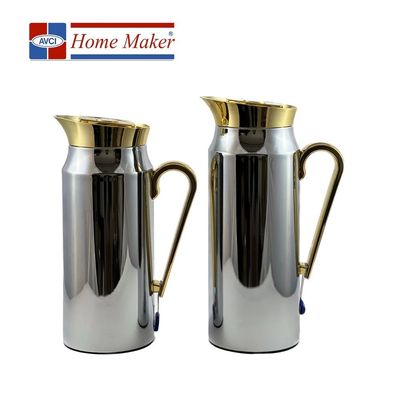 2-Piece Tea & Coffee Flask - 0.75 Liter & 1 Liter Capacity - Glass Inner - Steel Body - Silver & Gold