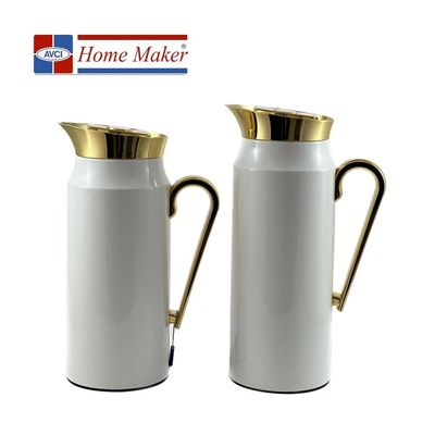 2-Piece Tea & Coffee Flask - 0.75 Liter & 1 Liter Capacity - Glass Inner - Steel Body - White & Gold