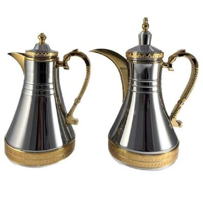 2-Piece Tea & Coffee Flask - 0.75 Liter & 1 Liter Capacity - Glass Inner - Steel Body - Silver & Gold