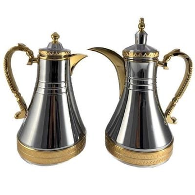 2-Piece Tea & Coffee Flask - 0.75 Liter & 1 Liter Capacity - Glass Inner - Steel Body - Silver & Gold