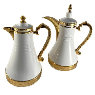 2-Piece Tea & Coffee Flask - 0.75 Liter & 1 Liter Capacity - Glass Inner - Steel Body - White & Gold