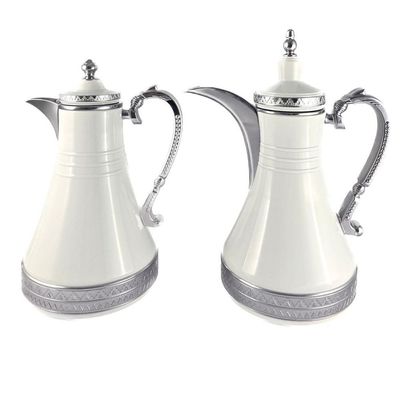 2-Piece Tea & Coffee Flask - 0.75 Liter & 1 Liter Capacity - Glass Inner - Steel Body - White & Silver