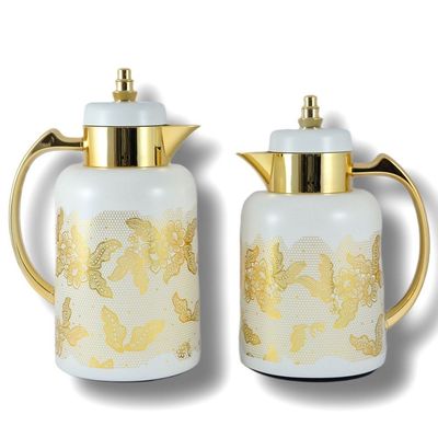 2-Piece Tea & Coffee Flask - 0.7 Liter & 1 Liter Capacity - Glass Inner - ABS Body - White & Gold