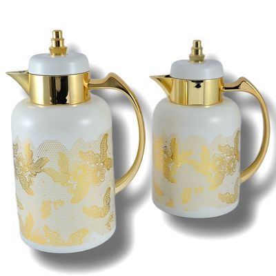 2-Piece Tea & Coffee Flask - 0.7 Liter & 1 Liter Capacity - Glass Inner - ABS Body - White & Gold