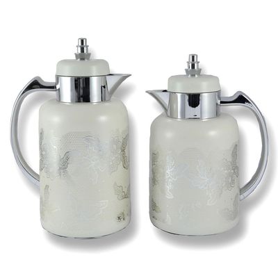 2-Piece Tea & Coffee Flask - 0.7 Liter & 1 Liter Capacity - Glass Inner - ABS Body - White & Silver