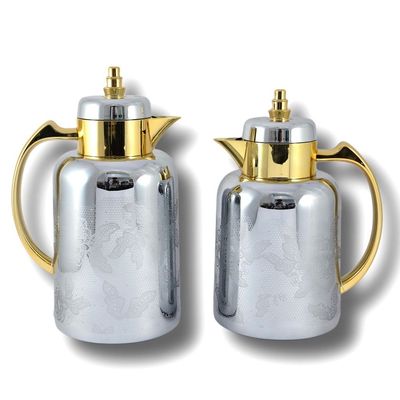 2-Piece Tea & Coffee Flask - 0.7 Liter & 1 Liter Capacity - Glass Inner - ABS Body - Silver & Gold