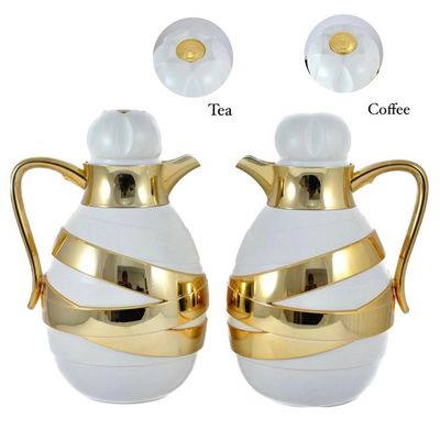 2-Piece Tea & Coffee Flask - 1 Liter & 1 Liter Capacity - Glass Inner - ABS Body - White & Gold