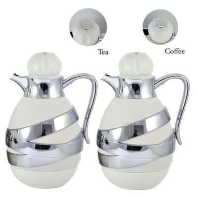 2-Piece Tea & Coffee Flask - 1 Liter & 1 Liter Capacity - Glass Inner - ABS Body - White & Silver