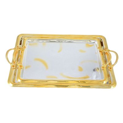 2-Piece Rectangular Luxury Serving Tray, Large 48cm x 31cm & Medium 41cm x 27cm, Steel, Silver & Gold