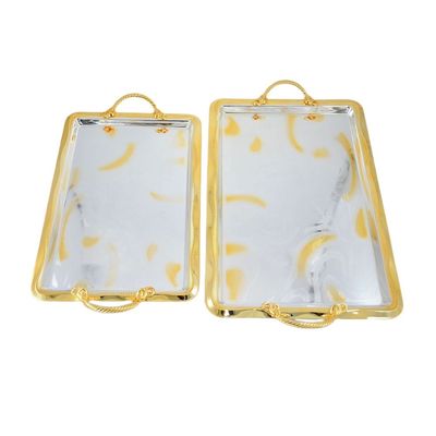 2-Piece Rectangular Luxury Serving Tray, Large 48cm x 31cm & Medium 41cm x 27cm, Steel, Silver & Gold