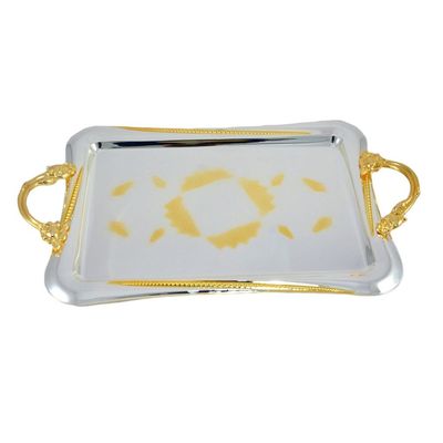 2-Piece Rectangular Luxury Serving Tray, Large 49cm x 35cm & Medium 42cm x 30cm, Steel, Silver & Gold