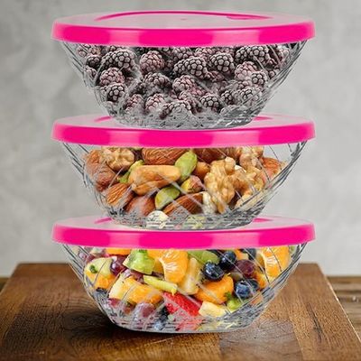 6-Piece Elis Glass Bowl Set, Plastic Lids, 320 ml 