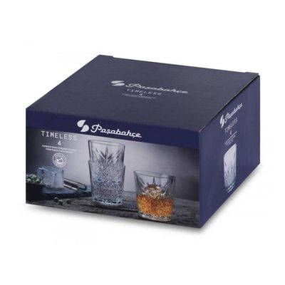 4-Piece Timeless Whisky Tumbler, 355 ml, 96.5 mm Height, 92 mm Diameter, Fully Tempered, Stackable, Clear