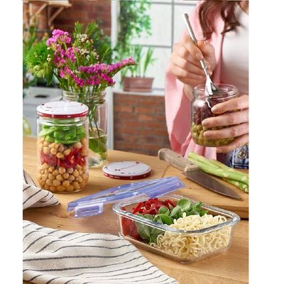 Lockie Lock Glass Food Container, 640 ml, Blue Lid, Stackable, 52 mm Height, 171x126 mm 